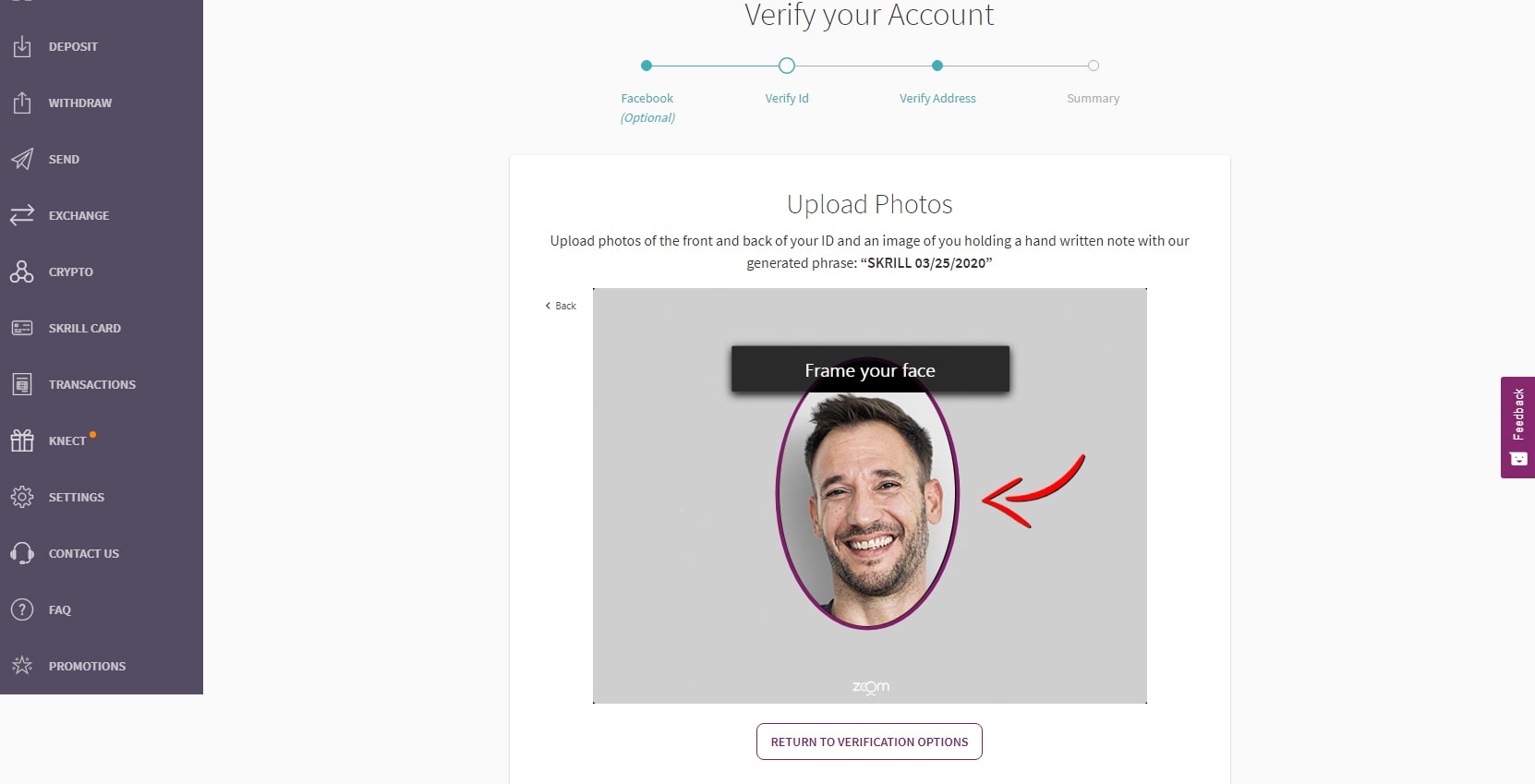 Skrill Face verification Screenshot
