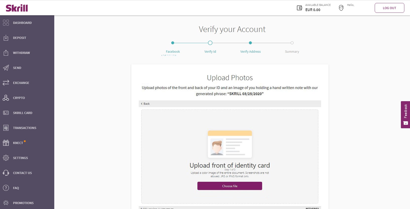 Skrill verification upload front ID 